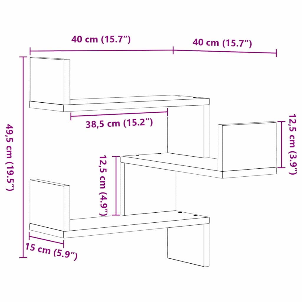 Étagère d'angle murale 2 pcs Chêne noir 40 x 40 x 49.5 cm