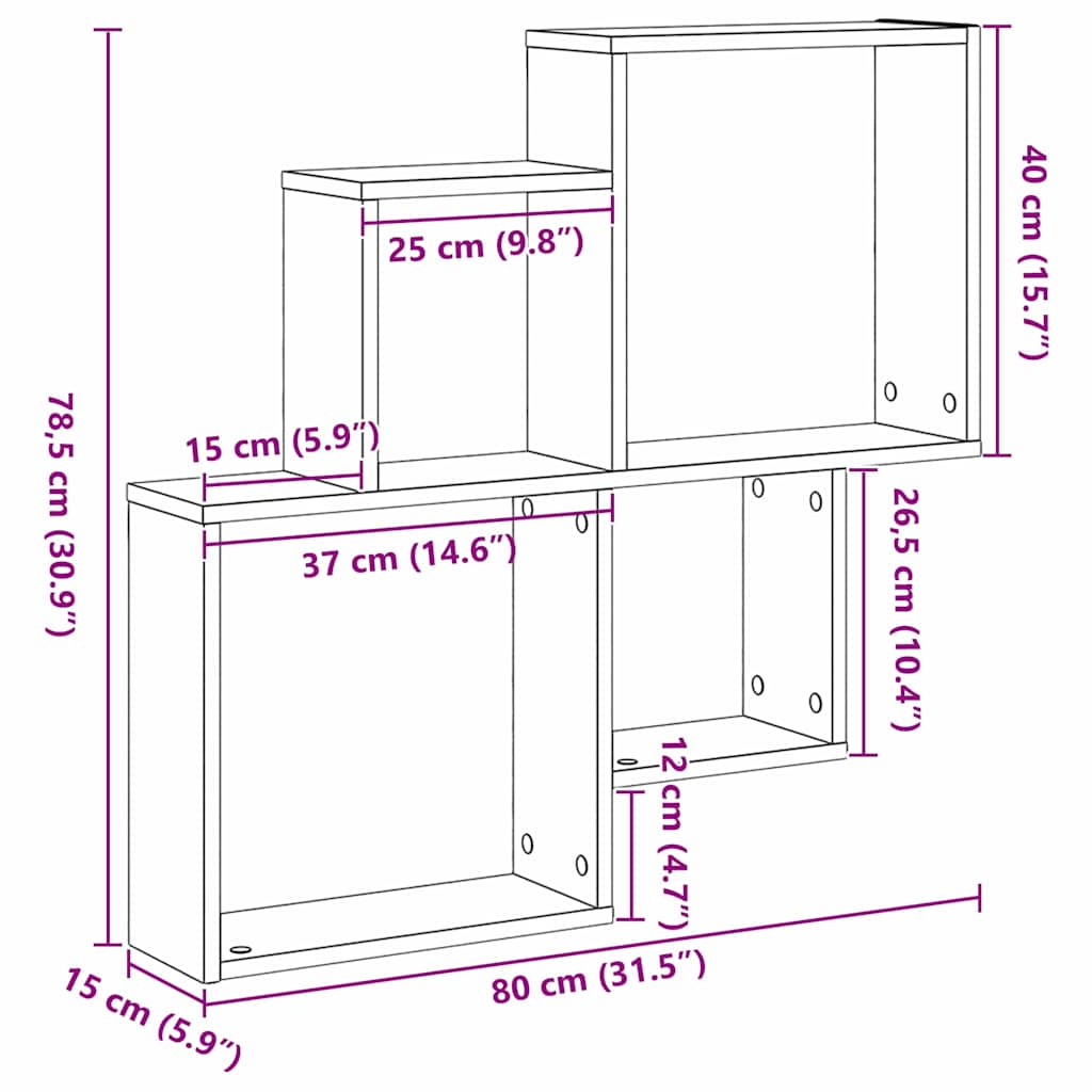 Étagère Murale Cube avec étagère Chêne noir 80 x 15 x 78.5 cm