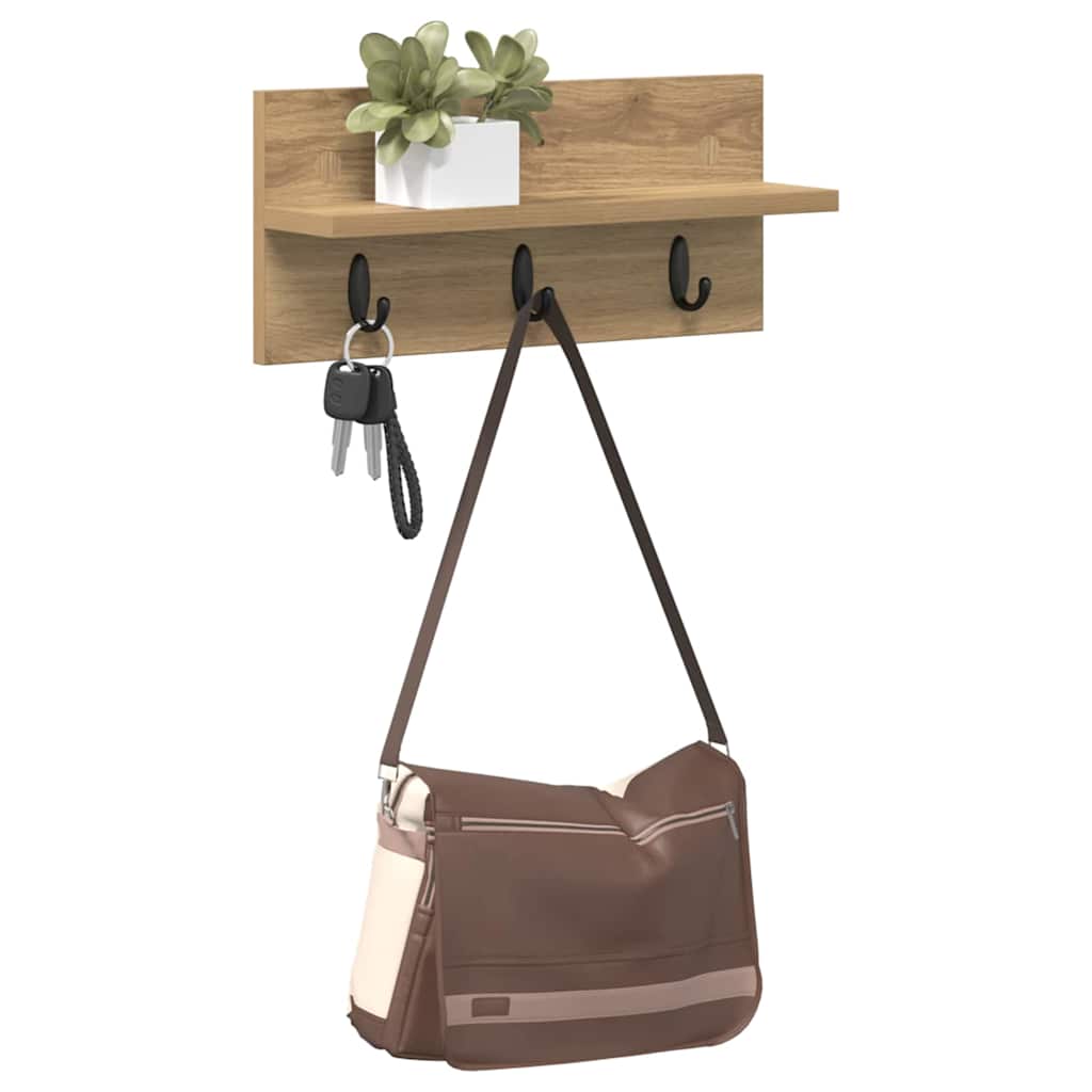 Porte-manteau mural chêne artisanal 40 x 10.5 x 18 cm