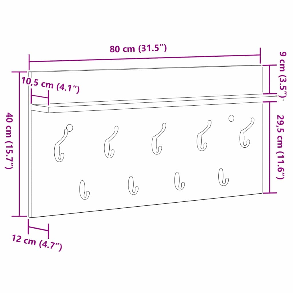 Porte-manteau mural avec étagère Chêne fumé 80 x 40 x 12 cm