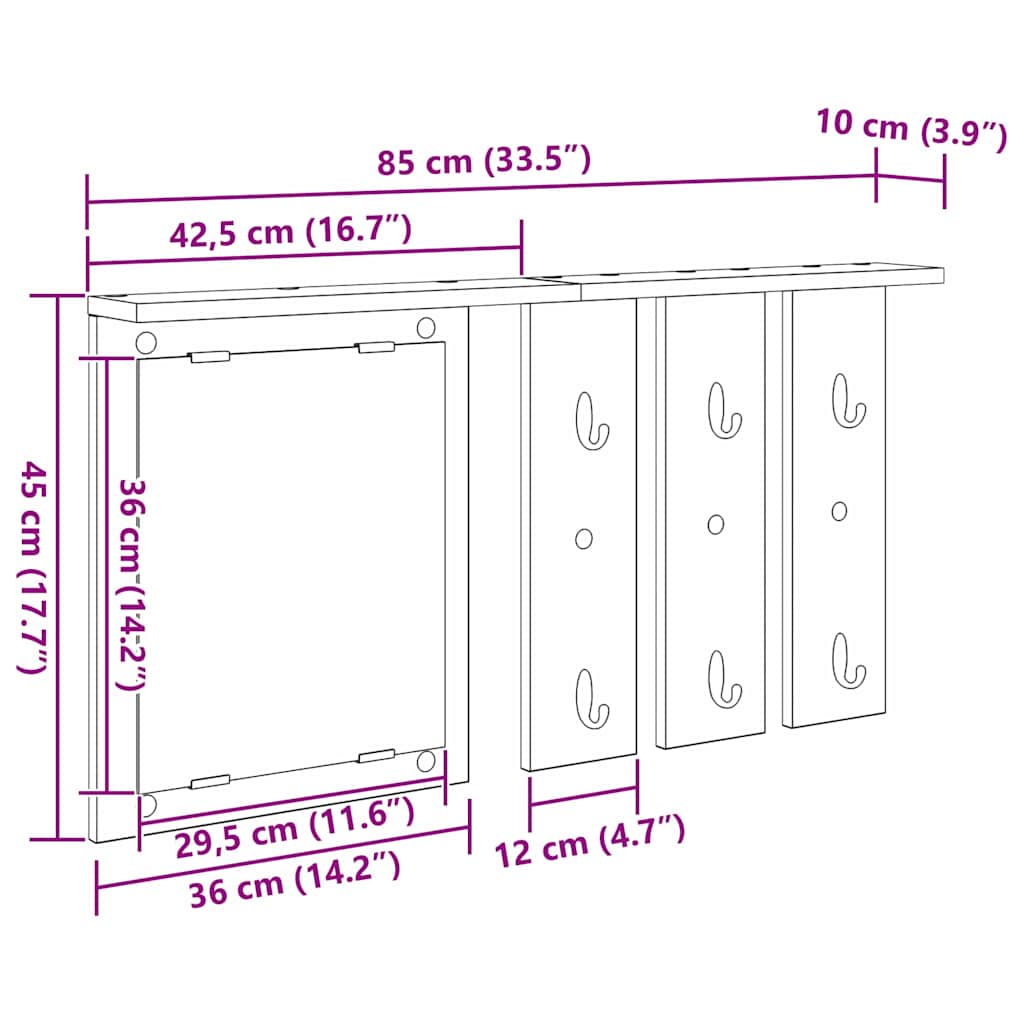 Porte-manteau mural avec miroir chêne artisanal 85 x 10 x 45 cm