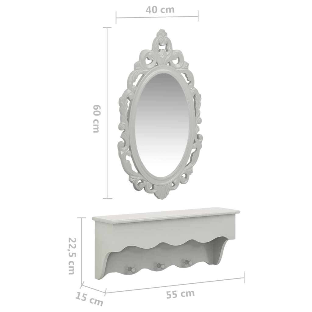 Étagère murale pour clés et bijoux avec miroir et crochets Gris