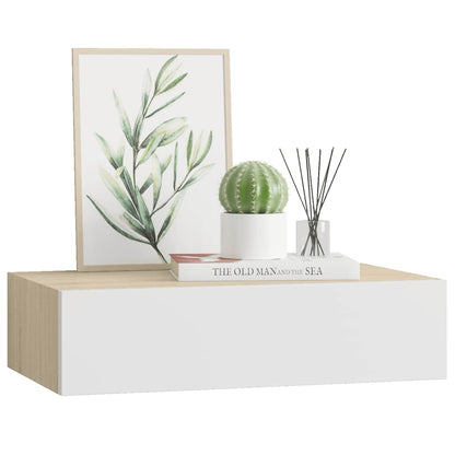 Étagère à tiroir murale chêne et blanc 40x23,5x10 cm MDF