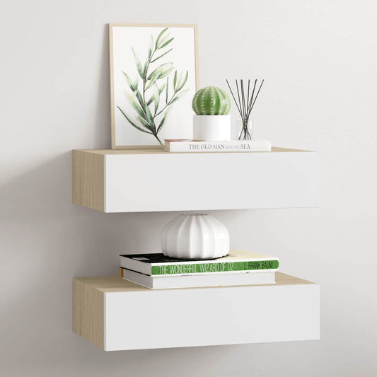 Étagères à tiroir murales 2 pcs Chêne et blanc 40x23,5x10cm MDF