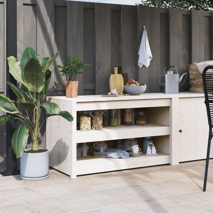 Mueble de cocina exterior blanco fabricado en madera maciza de pino.