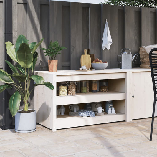 Mueble de cocina exterior blanco fabricado en madera maciza de pino.