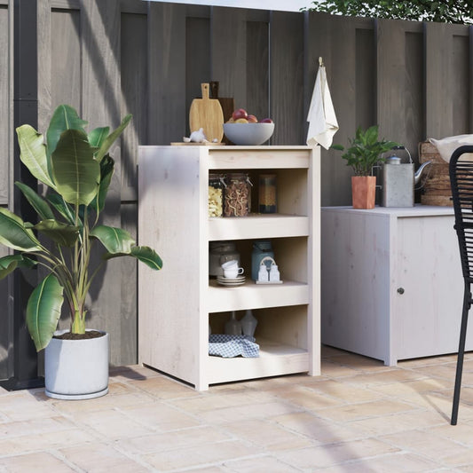 Mueble de cocina exterior blanco fabricado en madera maciza de pino.
