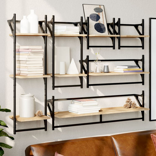 Ensemble d'étagères murales avec barres 6 pcs chêne sonoma
