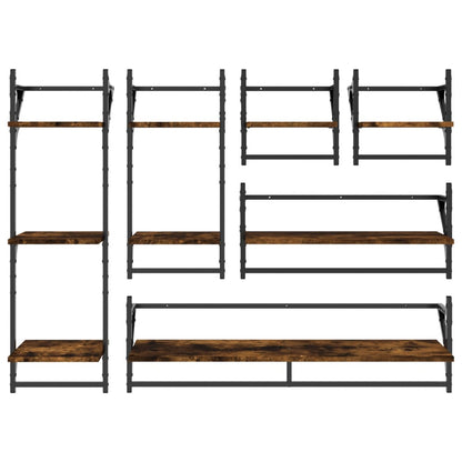 Ensemble d'étagères murales avec barres 6 pcs chêne fumé
