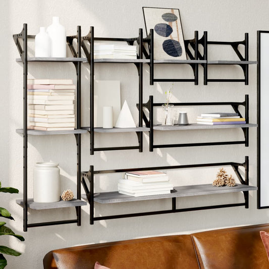 Ensemble d'étagères murales avec barres 6 pcs sonoma gris
