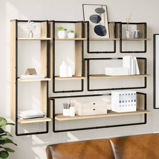 Ensemble d'étagères murales avec barres 6 pcs chêne sonoma