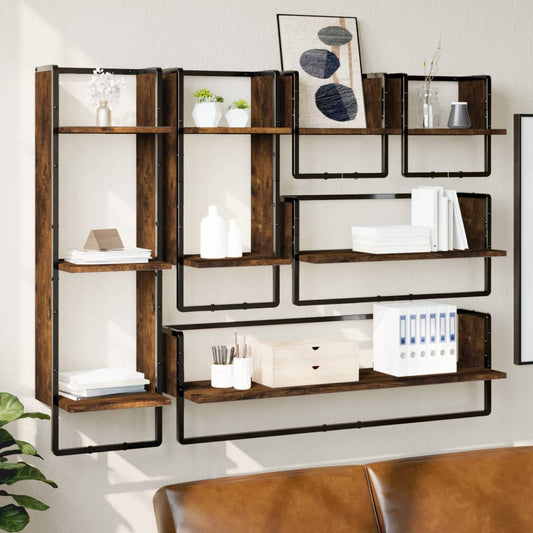 Ensemble d'étagères murales avec barres 6 pcs chêne fumé