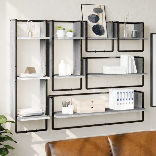 Ensemble d'étagères murales avec barres 6 pcs sonoma gris