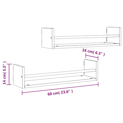 Étagères murales avec barres 2 pcs chêne fumé 60x16x14 cm
