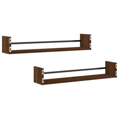 Étagères murales avec barres 2 pcs chêne marron 80x16x14 cm