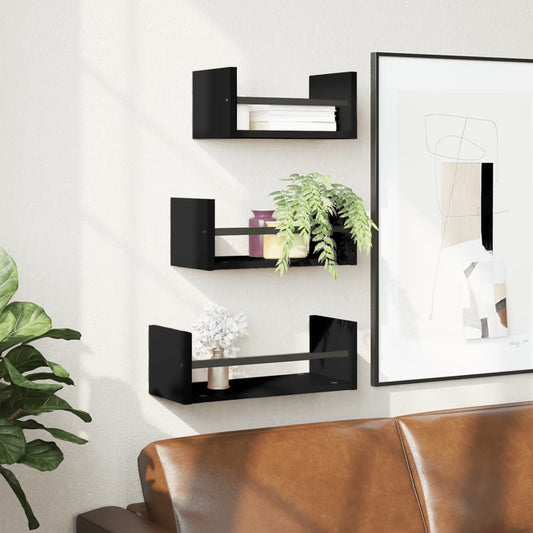 Ensemble d'étagères murales barres 3 pcs noir bois d'ingénierie