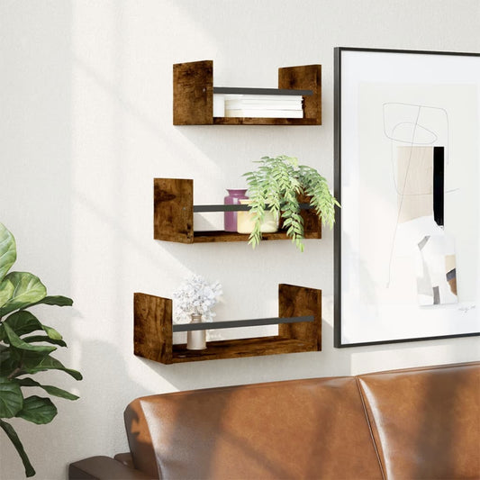 Ensemble d'étagères murales avec barres 3 pcs chêne fumé