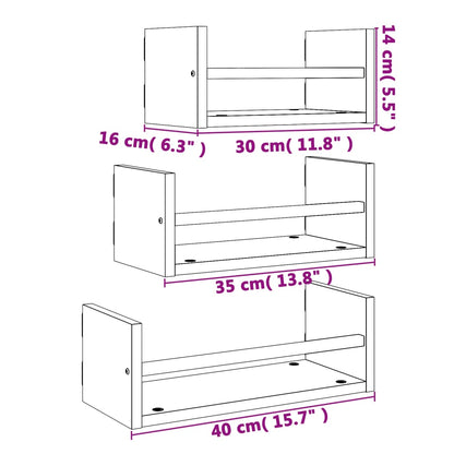Ensemble d'étagères murales avec barres 3 pcs sonoma gris