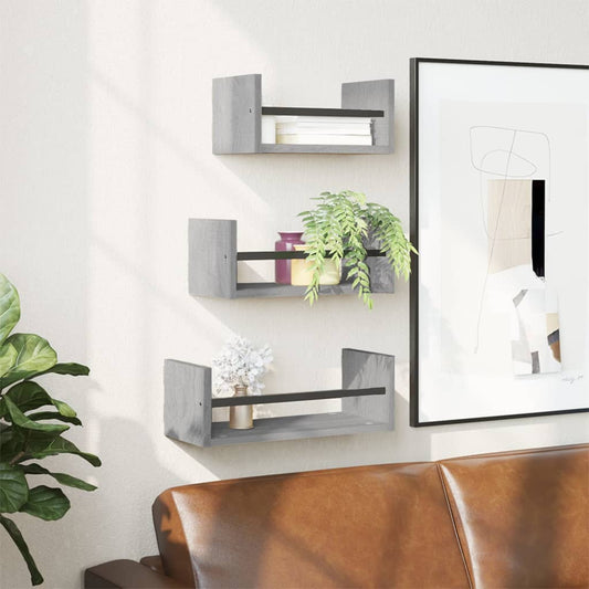Ensemble d'étagères murales avec barres 3 pcs sonoma gris