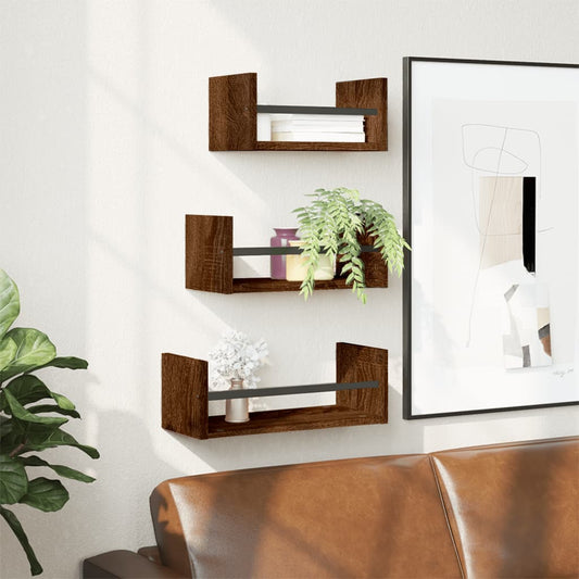 Ensemble d'étagères murales avec barres 3 pcs chêne marron
