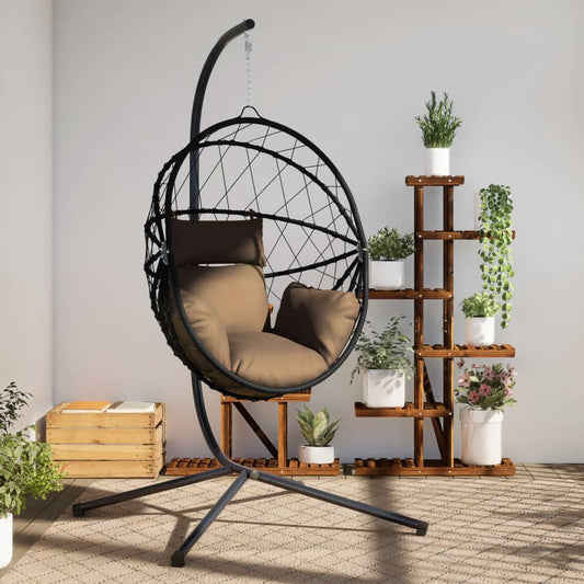 Chaise suspendue en forme d'œuf et support taupe rotin et acier