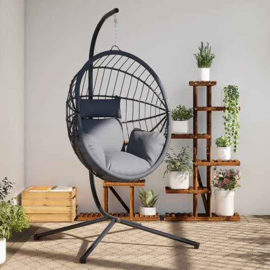 Chaise suspendue en forme d'œuf et support gris rotin et acier