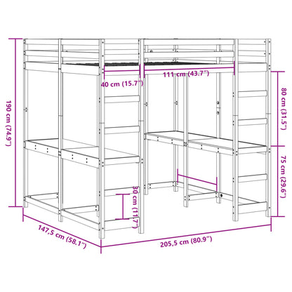Lit superposé et bureau et échelle 140x200cm bois de pin massif