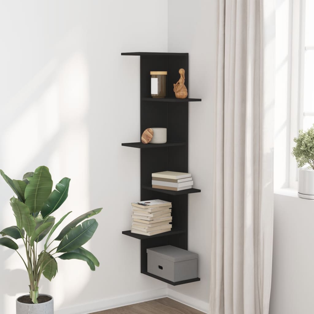 Étagère d'angle murale noir 36,5x36,5x140 cm bois d'ingénierie