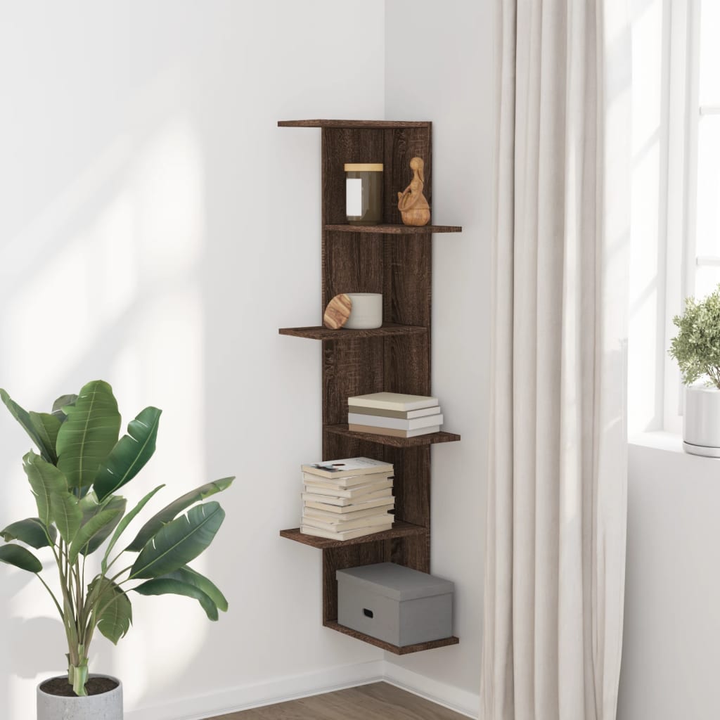 Étagère d'angle murale chêne marron bois d'ingénierie