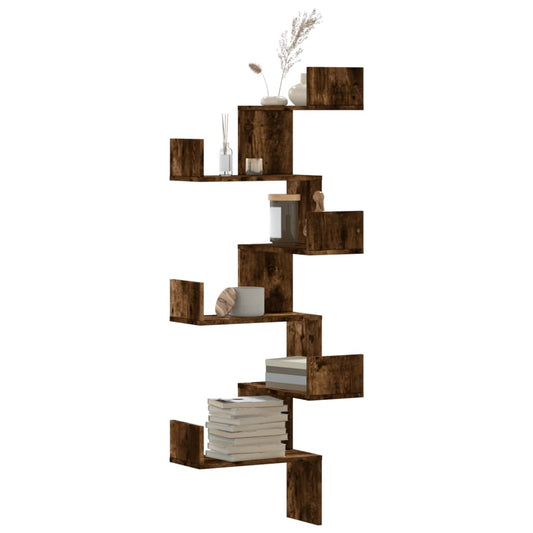 Étagère d'angle murale chêne fumé 45x45x147cm bois d'ingénierie
