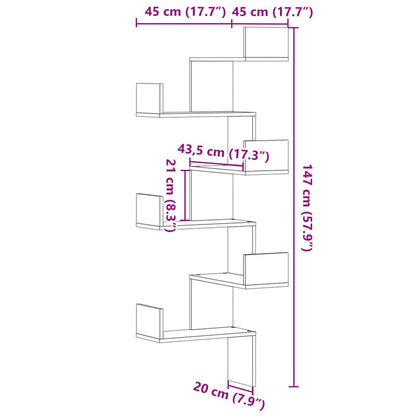 Étagère d'angle murale sonoma gris 45x45x147cm bois ingénierie