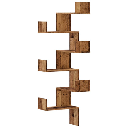 Étagère d'angle murale vieux bois 45x45x147cm bois d'ingénierie