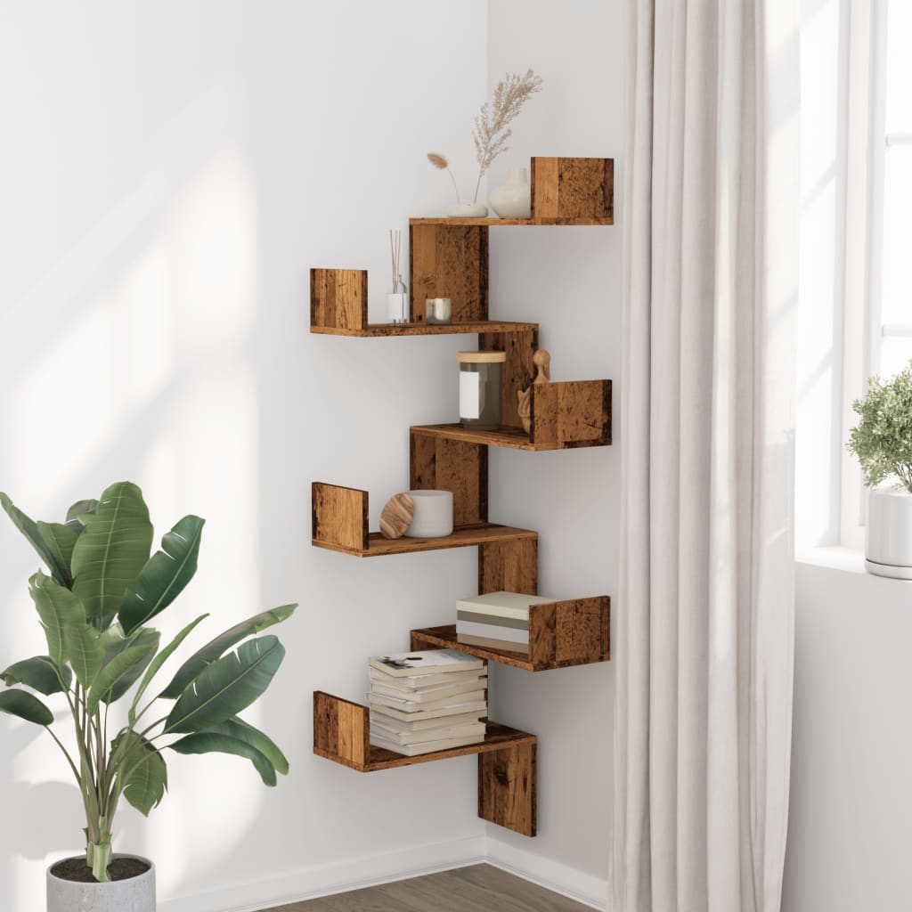 Étagère d'angle murale vieux bois 45x45x147cm bois d'ingénierie