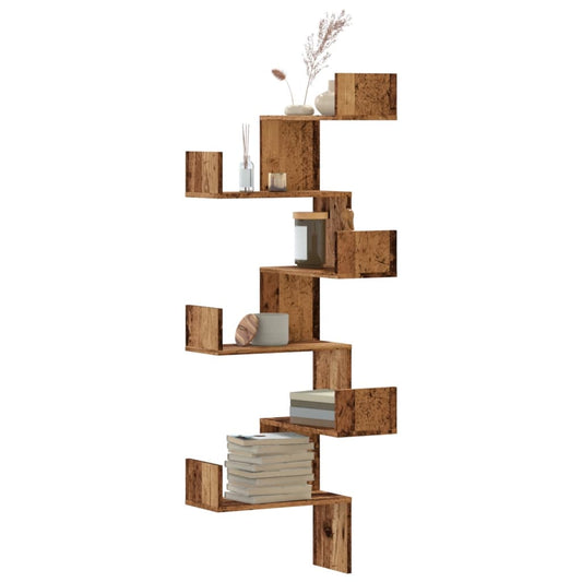 Étagère d'angle murale vieux bois 45x45x147cm bois d'ingénierie
