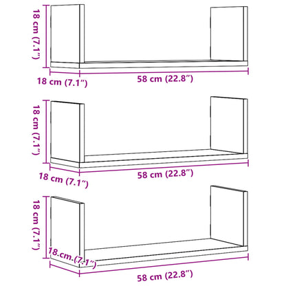 Étagères murales 3 pcs sonoma gris 58x18x18 cm bois ingénierie