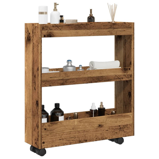 Chariot de rangement étroit 3 niveaux vieux bois