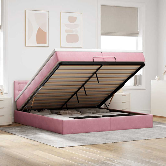 Cadre de lit ottoman avec matelas rose 200x200 cm velours