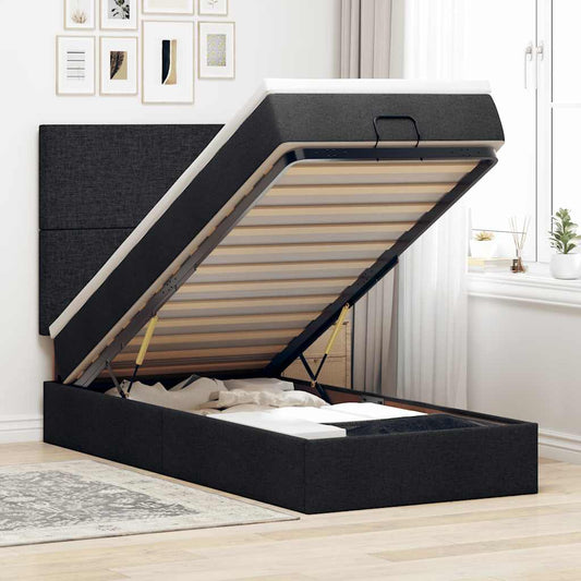 Lit ottoman avec matelas noir 90x200 cm tissu
