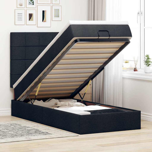 Lit ottoman avec matelas noir 90x200 cm tissu