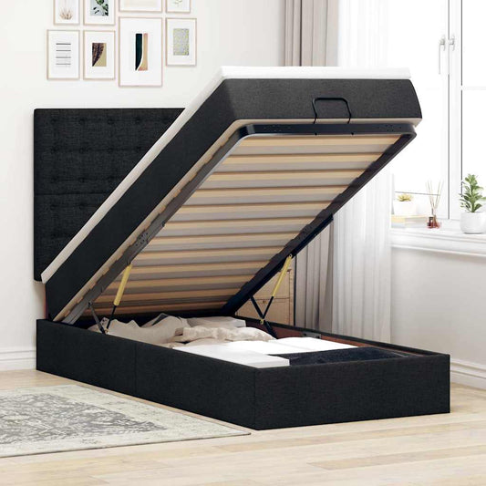 Lit ottoman avec matelas noir 90x200 cm tissu