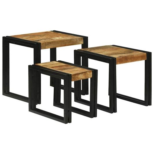 Table Gigogne 3 pcs Marron et noir Bois de manguier brut massif