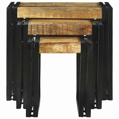 Table Gigogne 3 pcs Marron et noir Bois de manguier brut massif