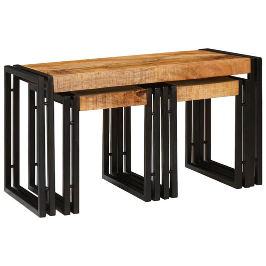 Table Gigogne 3 pcs Bois de mangue solide rugueux et un métal