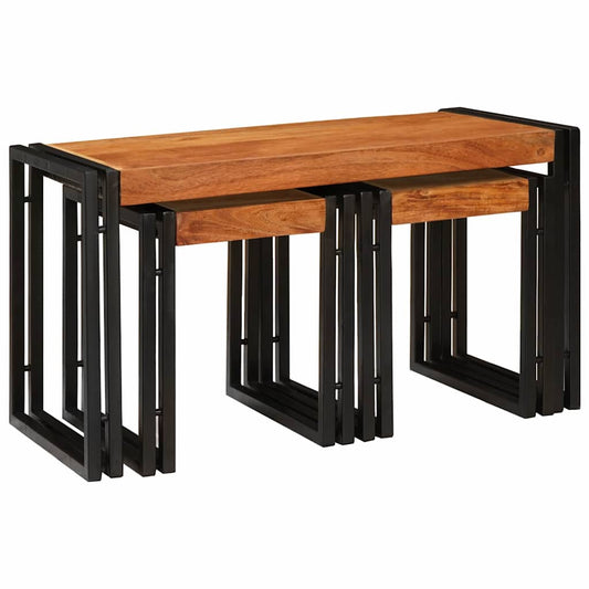 Tables d'appoint 3 pcs Marron et noir Bois d'acacia massif