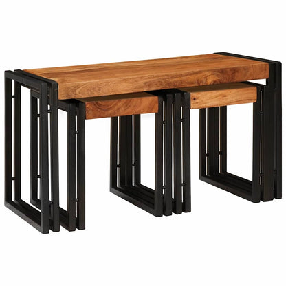 Tables d'appoint 3 pcs Marron et noir Bois d'acacia massif