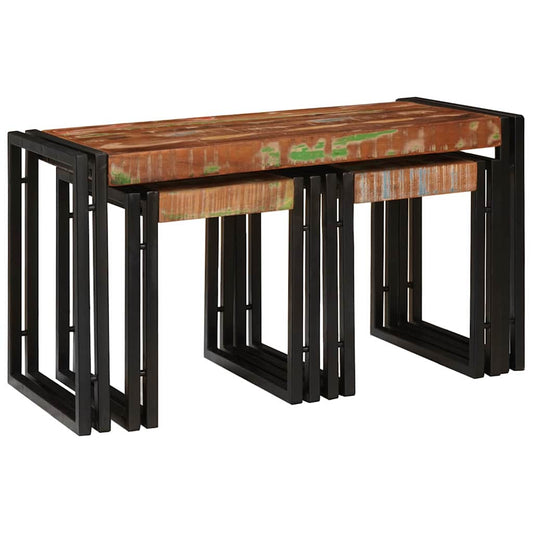 Table Gigogne 3 pcs Marron et noir bois de récupération massif