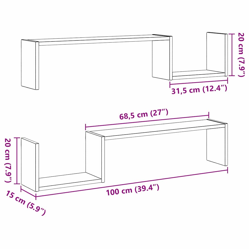Étagère Murale avec étagère 2 pcs Chêne noir 100 x 15 x 20 cm