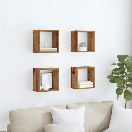 Étagères murales avec étagère 4 pcs Bois ancien 26 x 15 x 26 cm